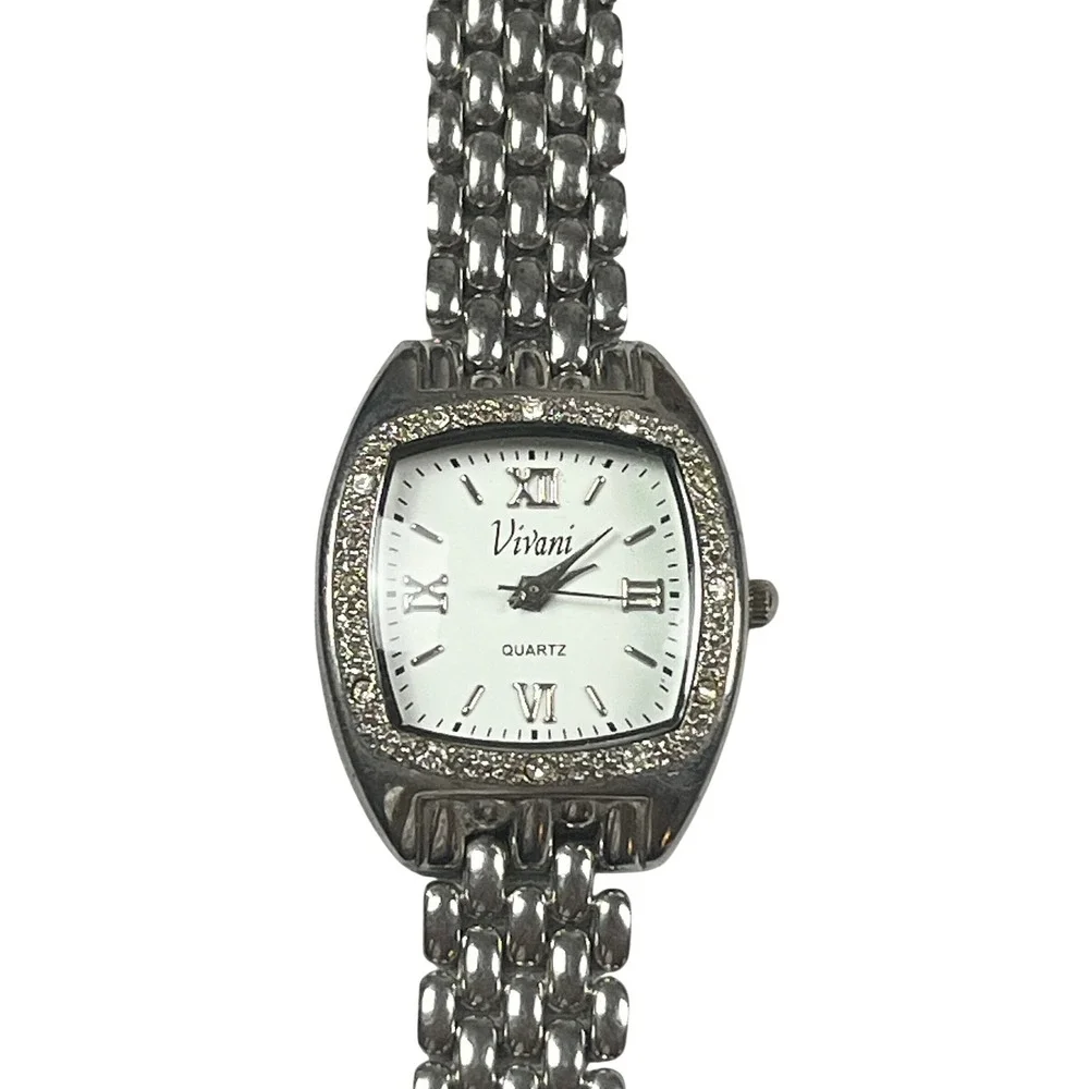 Vivani Silver Tone Rhinestone Bezel Roman Numeral Quartz Watch 7